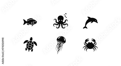 Collection of stylized marine life icons, including fish, octopus, dolphin, turtle, jellyfish, and crab.