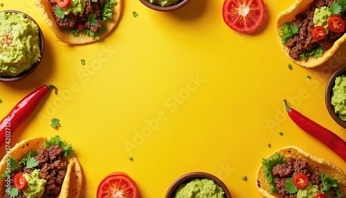 Wallpaper Mural Tacos and guacamole flat lay on vibrant yellow surface. Mexican cuisine concept. Chili peppers add spice. Tasty traditional food frame for menu or event invitation background. Torontodigital.ca