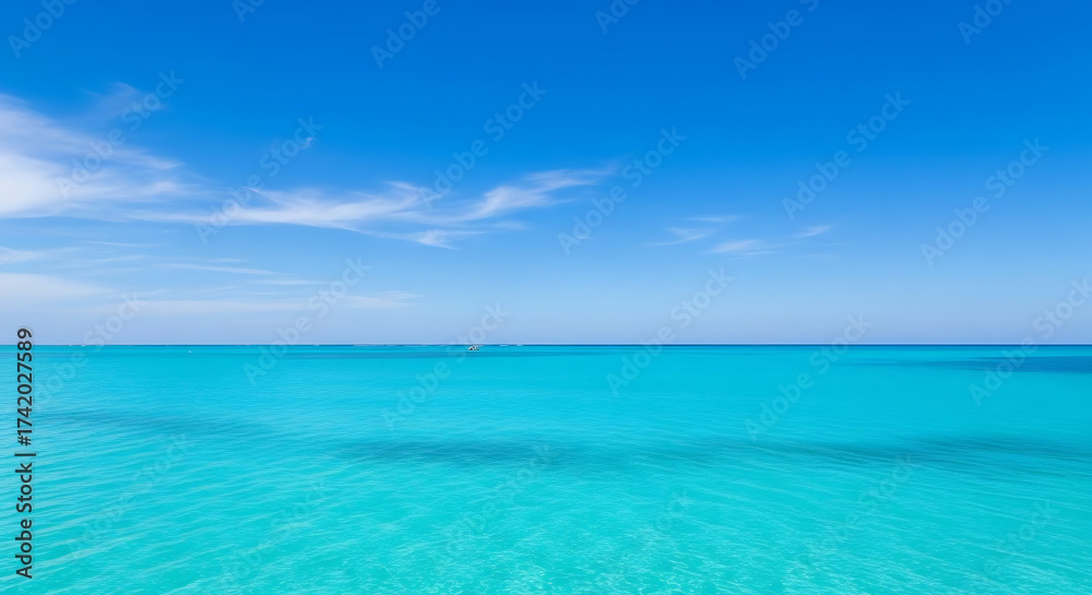 Fototapeta premium A serene view of turquoise ocean water under a clear blue sky with scattered white clouds above it ai generated