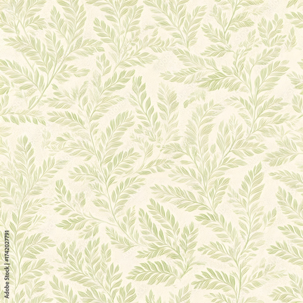 Fototapeta premium Delicate, soft, seamless pattern displaying verdant leaves and intricate foliage. This artwork features a subtle beige background, complemented by gentle green hues throughout.