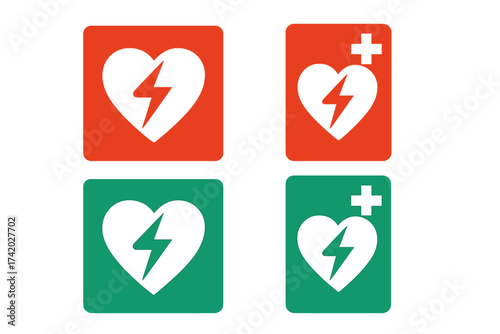 AED automated external defibrillator sign collection. Emergency first aid icon set. Heart with shock symbol for cardiac arrest. Medical resuscitation pictogram. Vector graphic.