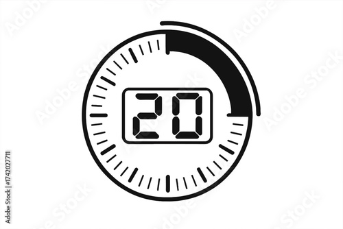 Twenty seconds countdown timer icon. Digital clock symbol collection. Stopwatch for web and app design. Time measurement, deadline, and speed concept. Vector flat illustration set.