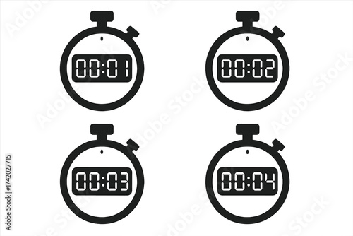 Stopwatch timer icon set showing 1, 2, 3, and 4 seconds. Digital chronometer or clock for measuring time intervals. Vector illustration of a countdown sequence. Sport timer.