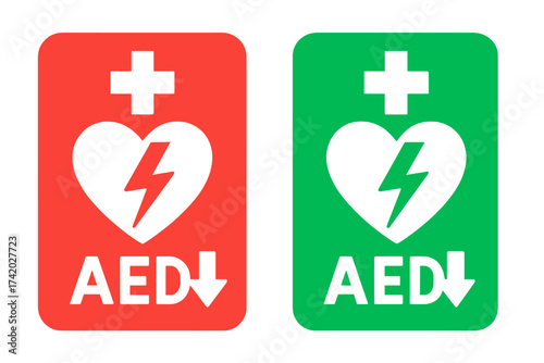 AED automated external defibrillator sign set. Red and green vector icons. Heart, cross, and arrow symbols for emergency medical location. First aid and cpr concept.