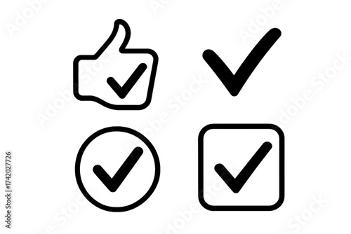Check mark icon set vector. Approve, accept, confirm symbol. Tick and thumbs up button. Yes, correct, success sign. Checkbox element for web, poll, survey. Quality control.