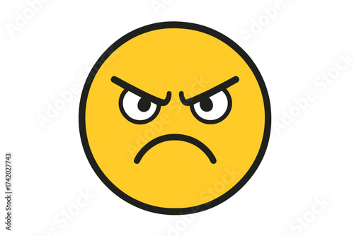 Angry emoticon face vector illustration. Unhappy, upset, mad, and furious emoji expression. Negative emotion concept. Annoyed, frustrated yellow character symbol icon.