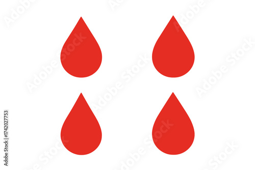 Blood drop icon set. Vector for donation, health, medical design. Red liquid symbol. Charity, analysis, plasma, medicine concept. Hematology, transfusion, aid illustration.