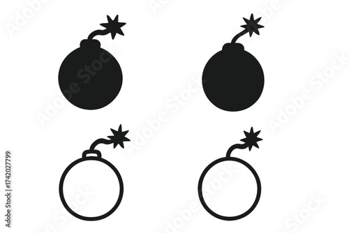Bomb icon set vector. Round bomb with a lit fuse. Symbol for danger, explosion, risk, deadline, pressure. Black silhouette and outline style cartoon graphic element collection.