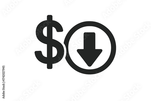 Cost reduction dollar down icon. Financial crisis and economy recession concept. Price drop, money saving, lower budget, and expense decrease vector symbol illustration.
