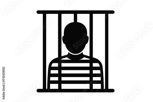 Prisoner behind bars icon. Man in jail symbol. Criminal person in prison. Convict in striped uniform. Inmate concept. Law, justice, guilt and punishment vector illustration.