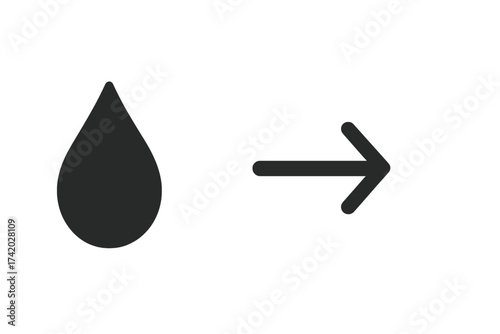 Water drop icon with next arrow vector symbol. Liquid flow, fluid current, or water direction concept. Clean pictogram for plumbing, environment or process illustration.