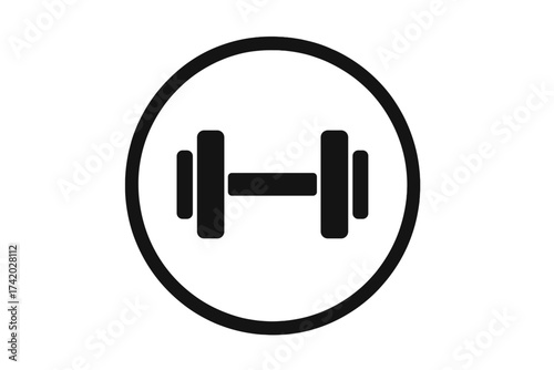 Dumbbell icon in a circle. Simple flat vector pictogram for gym and fitness workout. Weightlifting equipment symbol. Strength training, bodybuilding and healthy lifestyle concept.