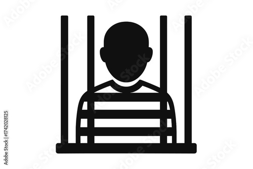 Prisoner icon. Man in jail behind bars. Inmate in prison uniform. Convict silhouette. Concept of crime, law and justice. Imprisonment and punishment. Vector illustration.