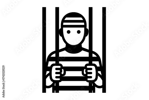 Prisoner in jail cell icon. Man behind bars in prison uniform. Concept of crime, punishment, and the justice system. Inmate, convict, criminal symbol. Vector for legal topics.