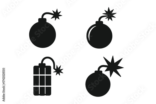 Bomb icon set. Vector illustration of explosive devices. Includes classic round bombs and dynamite. Danger symbol for explosion, terrorism, or war. Black glyph pictogram collection.