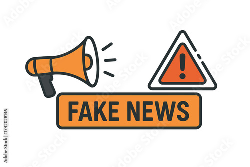 Fake news warning banner with megaphone icon. Concept of disinformation, propaganda, and spreading false information. Misinformation, hoax, and media alert vector illustration.