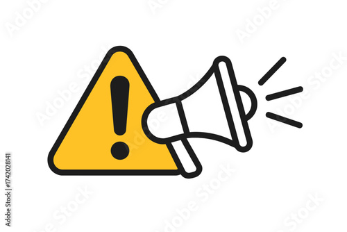 Warning sign with megaphone icon. Fake news, propaganda and misinformation concept. Important announcement, alert, and caution symbol. Breaking news vector illustration.