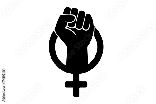 Feminism symbol with raised fist. Women's rights, girl power. Female empowerment, equality protest sign. Vector icon of Venus symbol and hand. Activism, revolution, solidarity.
