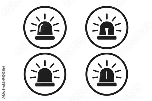 Police siren and ambulance flasher icon set. Emergency alert light symbol collection. Vector warning sign for alarm and urgent situations. Beacon pictogram graphic design.