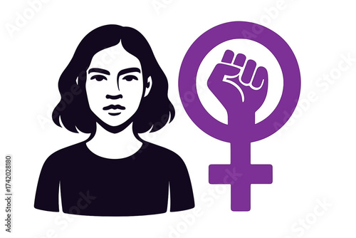 Feminist movement vector concept. Woman portrait with feminism fist symbol. Graphic illustration for women's rights, empowerment, protest, and gender equality. Girl power.