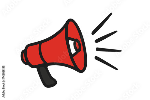 Red megaphone vector icon for announcement and marketing. Loudspeaker symbol for news, alert, and protest communication. Loud hailer illustration for broadcasting a message.