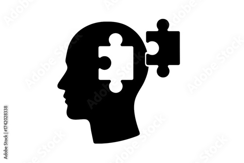 Head with jigsaw puzzle piece icon. Metaphor for amnesia, memory loss, dementia, Alzheimer's. Psychology symbol for mental health, brain injury, therapy, and problem solving.