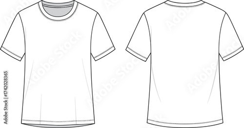 Basic short sleeve t shirt technical flat sketch, front and back view, apparel fashion vector template, cad drawing flat vector illustration