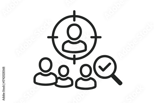 Recruitment icon set for headhunting and hiring. Human resources concept with target audience, candidate selection, and job vacancy. Find employee for career opportunity.