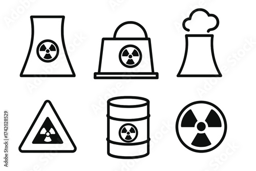 Nuclear power plant icon set. Vector illustration of atomic energy symbols. Radiation hazard sign, radioactive waste barrel, reactor and cooling tower. Danger warning signs.