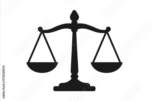 Justice law icon. Scales of justice silhouette. Fair judgment, balance, and equilibrium symbol. Legal and court concept. Vector illustration for lawyer, court, and rights.