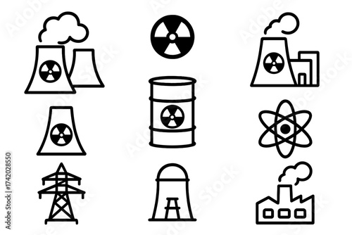 Nuclear power plant icon set. Energy industry concept. Radioactive radiation symbol, atom, waste barrel, factory pollution, electricity pylon. Vector illustration collection.