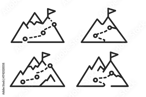 Mountain climbing route to the top. Path to success, goal achievement, business strategy roadmap icon set. Mission objective, progress journey to the peak with flag vector.