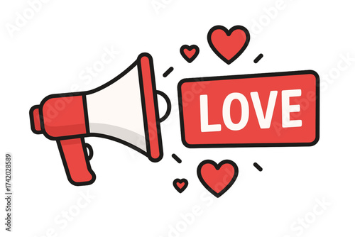 Megaphone with the word love and hearts. Loudspeaker announcing a romantic message. Vector for Valentine's Day. Declaration of affection. Communication, passion, relationship concept.