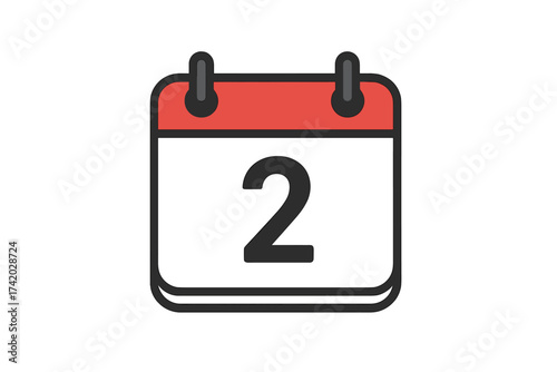 January 2 calendar date icon. Second day of the month symbol. Vector illustration for schedule, event reminder, planner. Simple flat design graphic with number two. Isolated element.