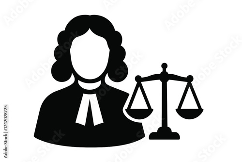 Judge with scales of justice icon. Law and legal system symbol. Court, judiciary, and judgment concept. Vector illustration for lawyer, attorney, verdict. Balance and equality.