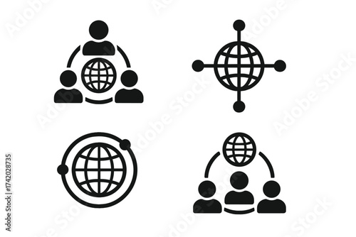 Global network icon set. International business communication and teamwork concept. Globalization, community, and social connection symbols for web and mobile. Vector icons.