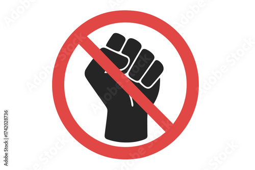 No violence fist icon. Forbidden sign. Stop conflict and protest concept. Nonviolence and peace symbol. Ban aggression and fight. Crossed out raised fist. Stop war and revolution.