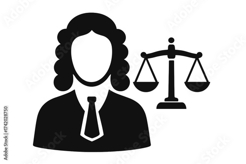 Judge silhouette with balance scale icon. Justice symbol, law and court concept. Judicial figure vector illustration, legal authority, legal system, fairness and law enforcement.