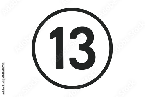 Number 13 icon vector. Black thirteen in circle. Unlucky number concept. Simple flat round symbol for web design, app, or print. Isolated numeric digit sign illustration.