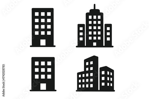 Office building icon set. Corporate headquarters, city tower pictogram collection. Vector glyphs for real estate, business, urban architecture, and company branding signs.