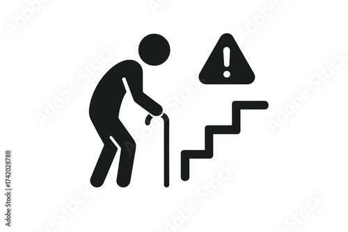 Elderly person with cane facing stairs, a concept of accessibility issue. Senior mobility problem. Fall risk, danger warning icon for disabled & old people. Vector.