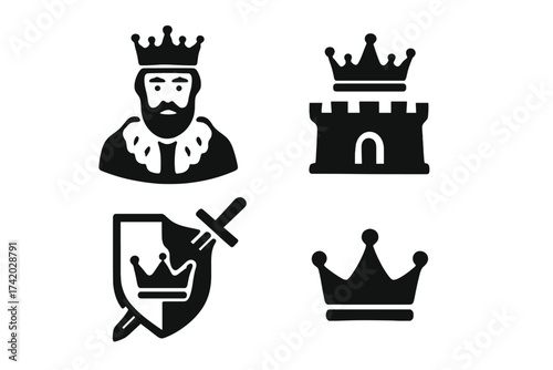King icon set. Royal monarchy symbols. Crown, castle, shield, sword signs. Majesty, power, emperor concepts. Medieval kingdom heraldry vector illustration glyphs collection.