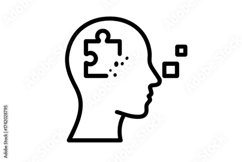 Memory loss icon, mental disorder concept. Human head silhouette with missing puzzle piece symbolizing dementia, Alzheimer's, amnesia, cognitive decline, and mental health.