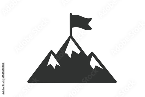 Mountain peak with flag icon symbol. Business success and goal achievement concept. Mission accomplished. Reaching the top. Leadership, career growth, and victory metaphor.