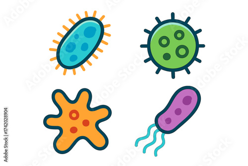 Set of colorful microbe and bacterium icons. Flat design vector illustration of various germs, viruses, pathogens, and amoeba. Microbiology and biology science concept.
