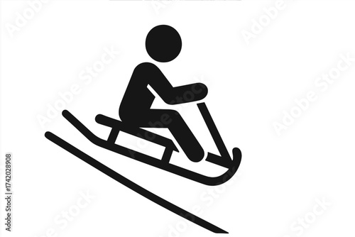 Person riding sledge on snow downhill icon. Winter activity concept. Vector illustration. Man on sled, toboggan race. Extreme winter sport, simple pictogram silhouette.