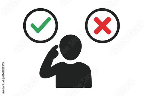 Man thinking making decision. Yes or no choice dilemma. Person with check mark and cross mark icon. Right wrong concept. Approve reject symbol. Business solution vector.