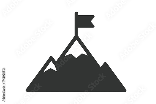 Mountain peak with flag icon symbol. Business concept for goal achievement and success. Vector illustration for mission accomplished, leadership, victory, and reaching the top.