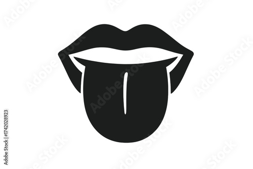 Mouth sticking tongue out vector icon. Licking lips, tasting food symbol. Cheeky rude or sensual expression graphic. Desire, taste, and eat concept illustration for logo design.