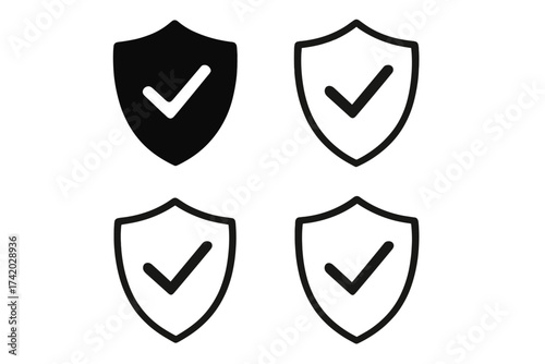 Shield with check mark icon set. Security protection, safe data symbol. Verified access, privacy badge, approval guard, internet safety, trust emblem. Vector transparent background clipart collection.
